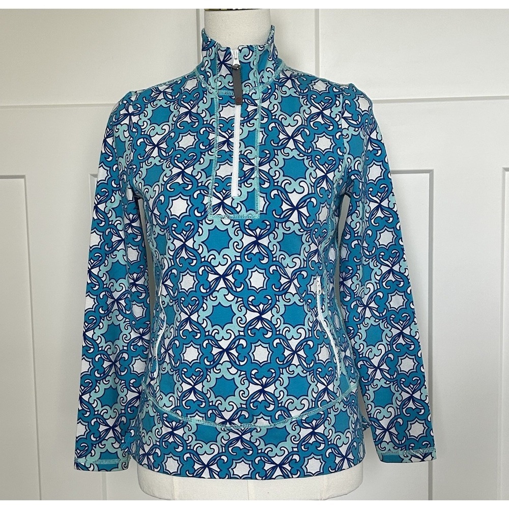 T By‎ Talbots 1/4 Zip Pullover - Women's PXS- Aqua/Teal/White Geometric EUC!